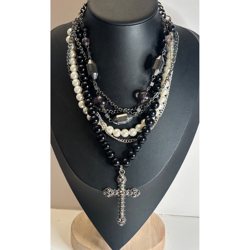 Y2K Gunmetal Gothic Layered Multi-Strand Cross Necklace Faux Pearl Rhinestone